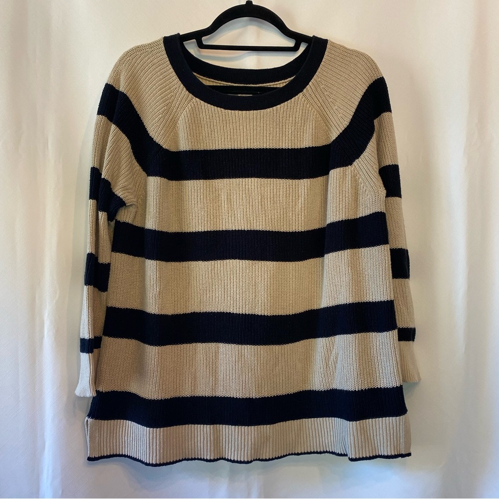 Loft 100% Cotton Black Tan Stripe Rib Knit Crewneck Coastal Grandma Sweater XL
